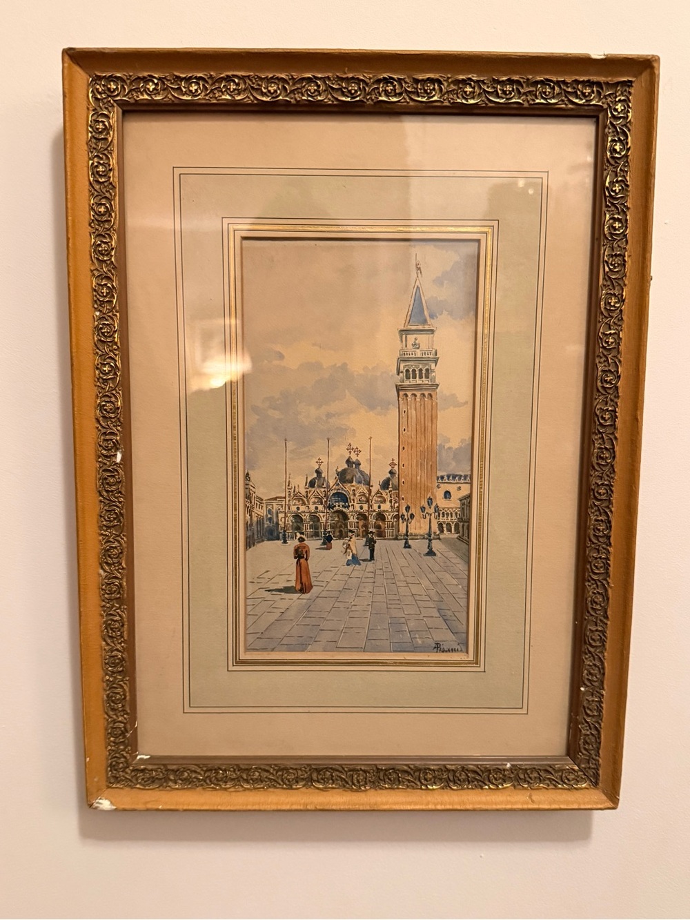 Framed Vintage Venice Watercolor Print in Gold Frame